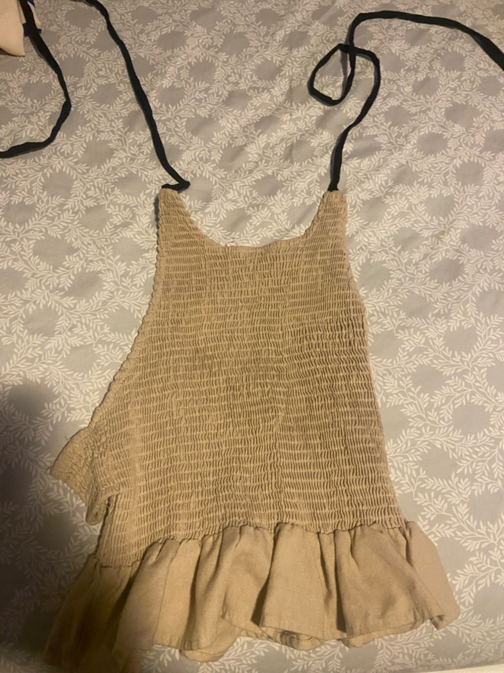 Beige Smocked Ruffle-Hem Camisole with Tie Straps